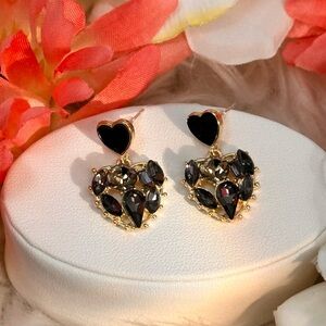 Black Diamond Quartz Heart Stud Earrings With Gold Setting NEW!
